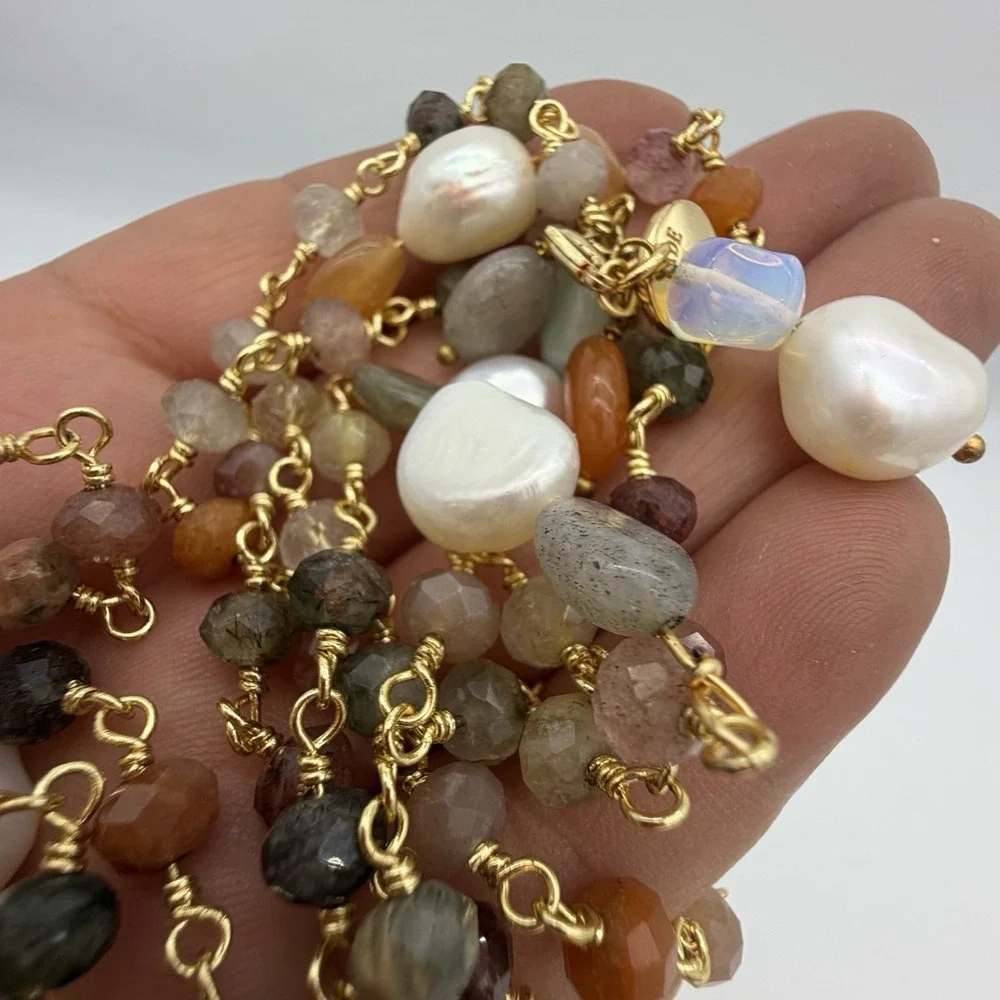 HSN Joya 925 Freshwater Pearl & Gemstone Necklace Flapper 62 Inches Layering‎